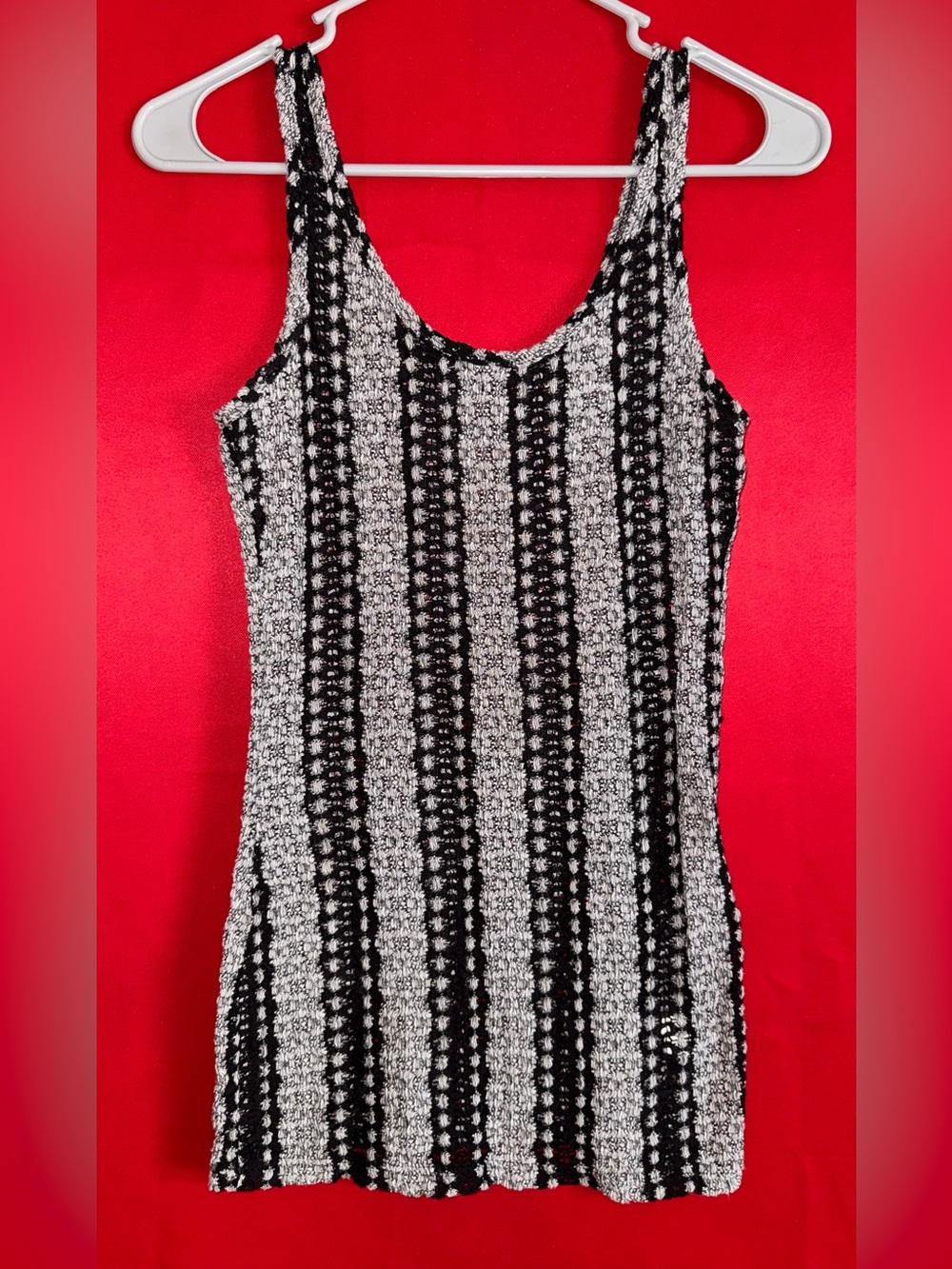 #440-BKE Black/White Striped Crochet Knit (see through) Tank Top Sz.Sm